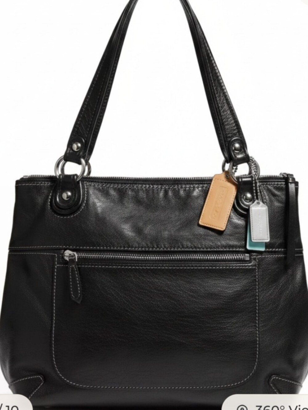 Coach Gallery Black Leather Signature Tote with Zip‎ Pocket